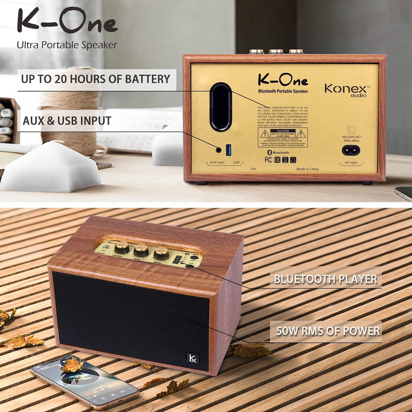KONEX, Altavoz Bluetooth, madera retro, portátil, vintage.