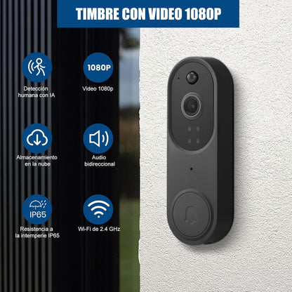 Timbre con Cámara, Inalámbrico con WiFi, Impermeable IPX65.