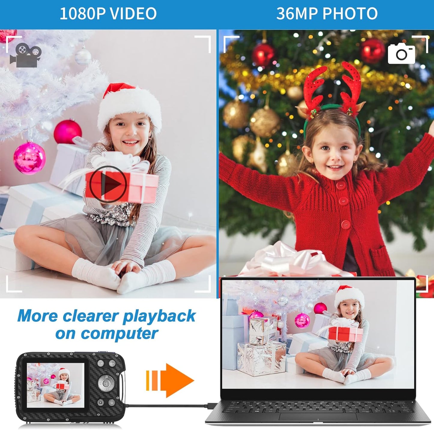 Cámara digital impermeable, HD, 1080P, portátil, tarjeta de 32 GB.