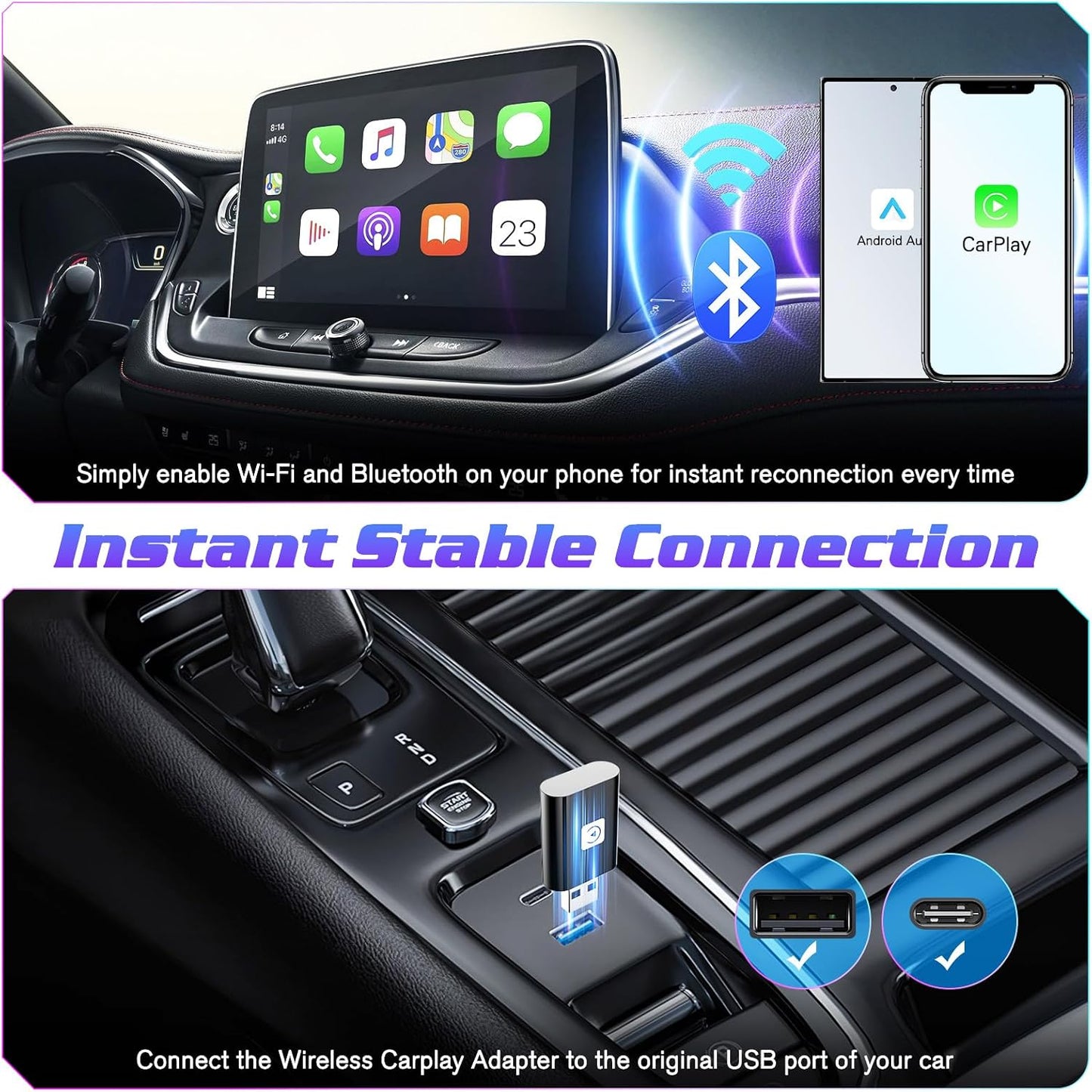 Adaptador inalámbrico CarPlay para Apple, 2025 2 en 1 Compatible con iOS y automóviles.