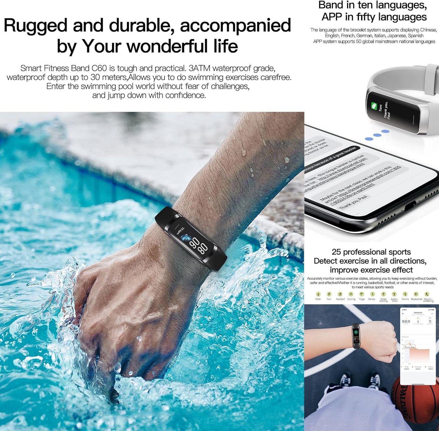 Reloj inteligente de fitness con monitor de frecuencia cardíaca.