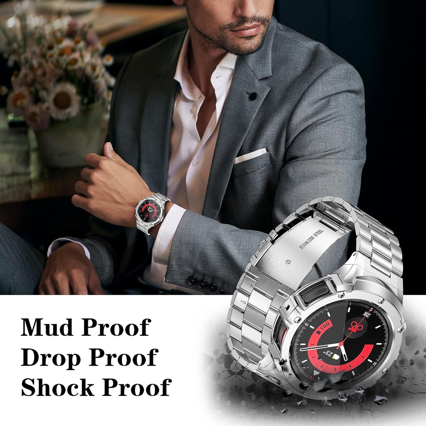 Funda y correas para reloj de acero inoxidable, ajustable, 44mm.