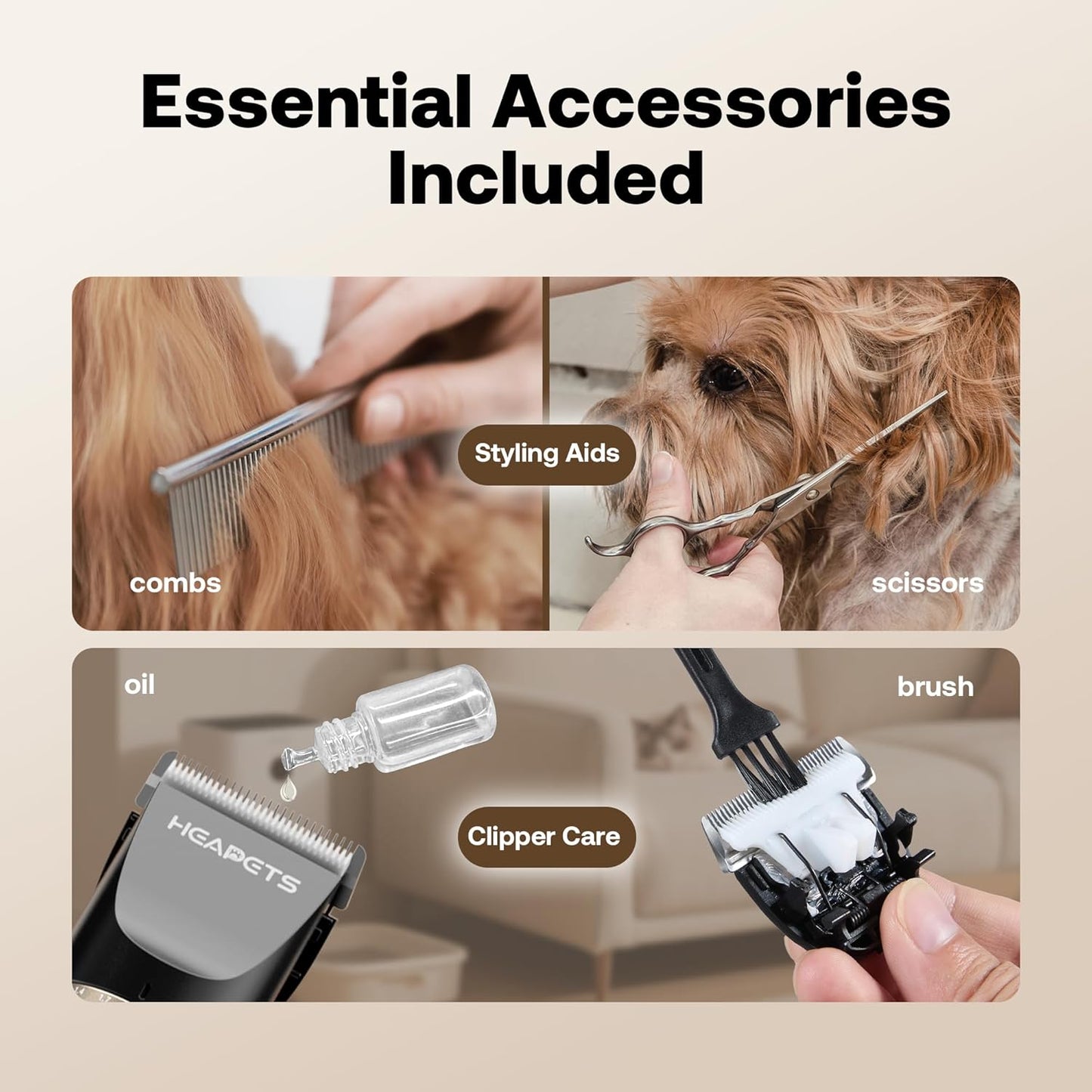 Kit de cortapelos para mascotas, sin cable, con peines y tijeras.