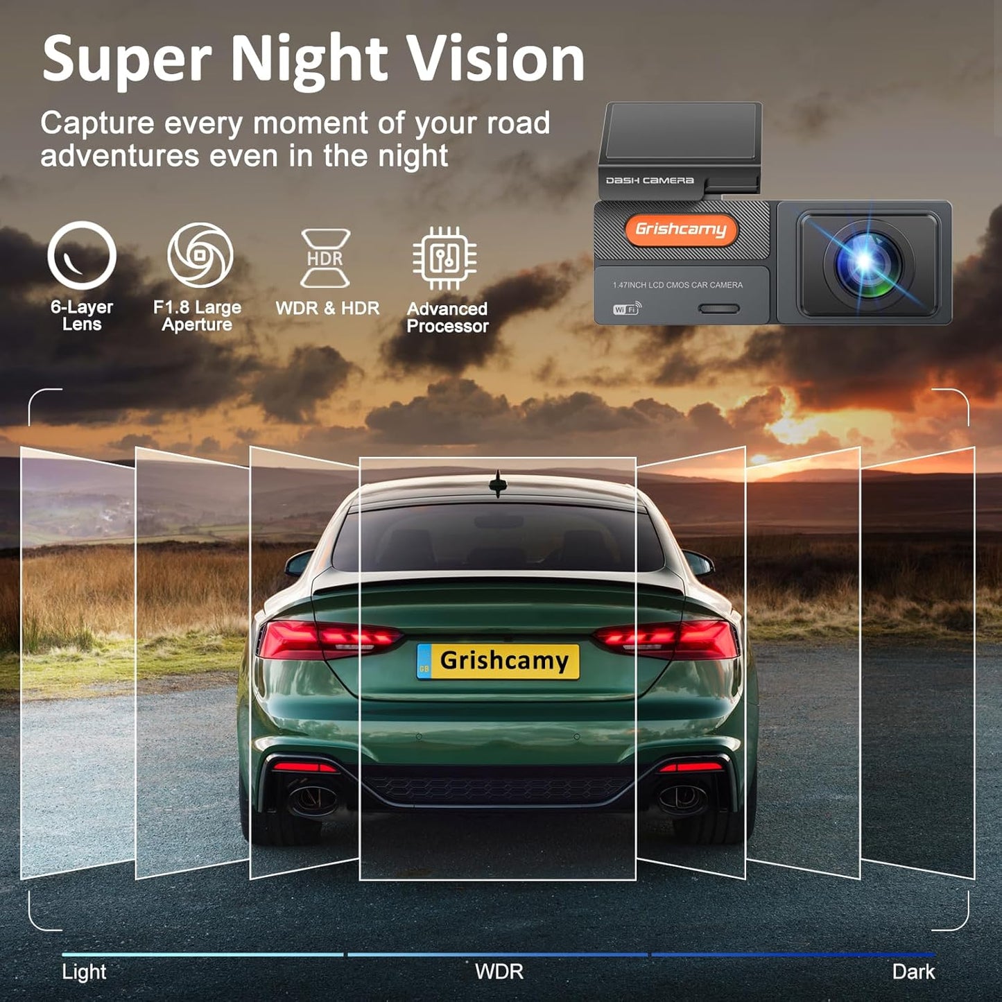Dashcam, grabación en Bucle, Sensor G, WiFi 2K, Tarjeta SD 64GB.