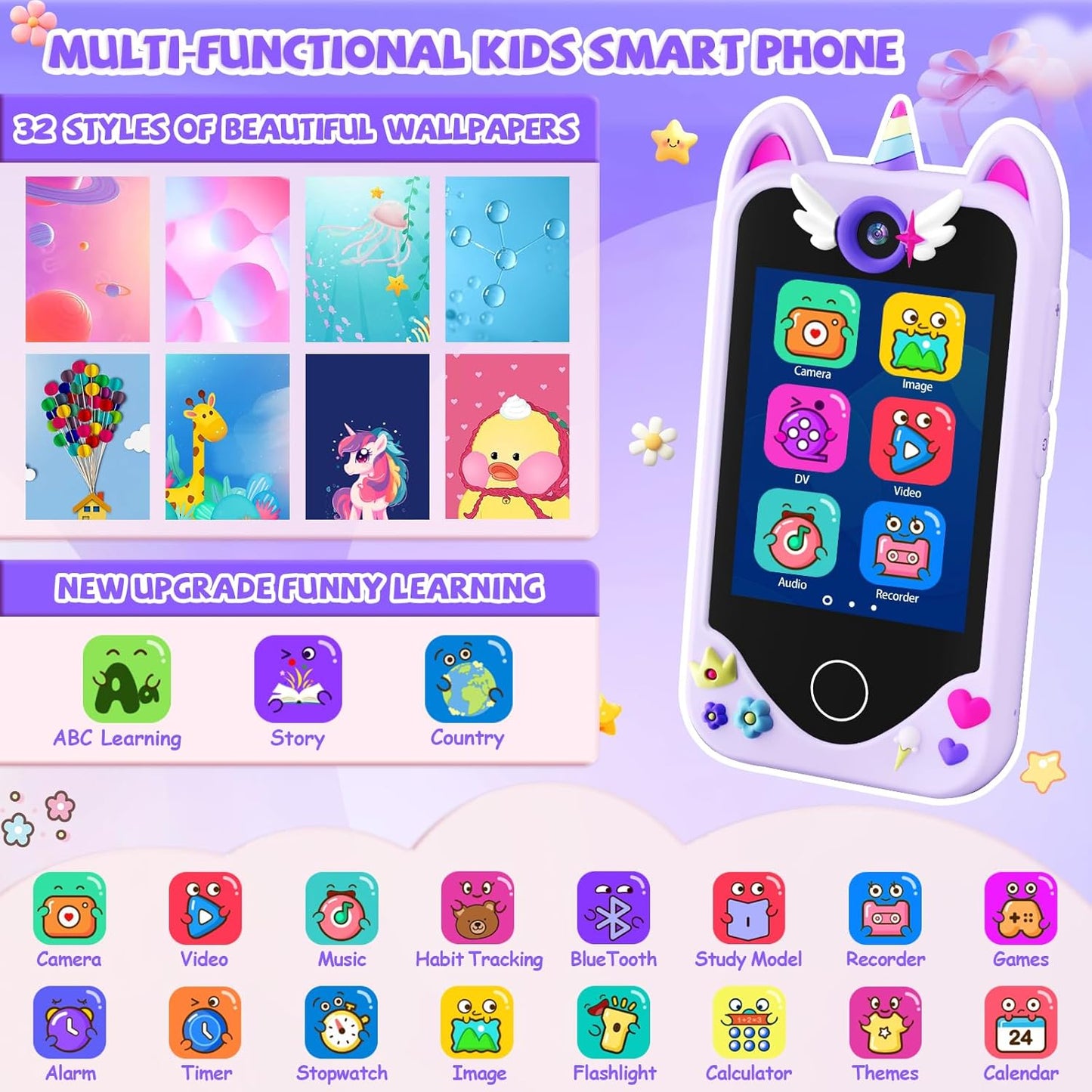 Teléfono inteligente para niñas con cámara dual de Unicornio (Morado)