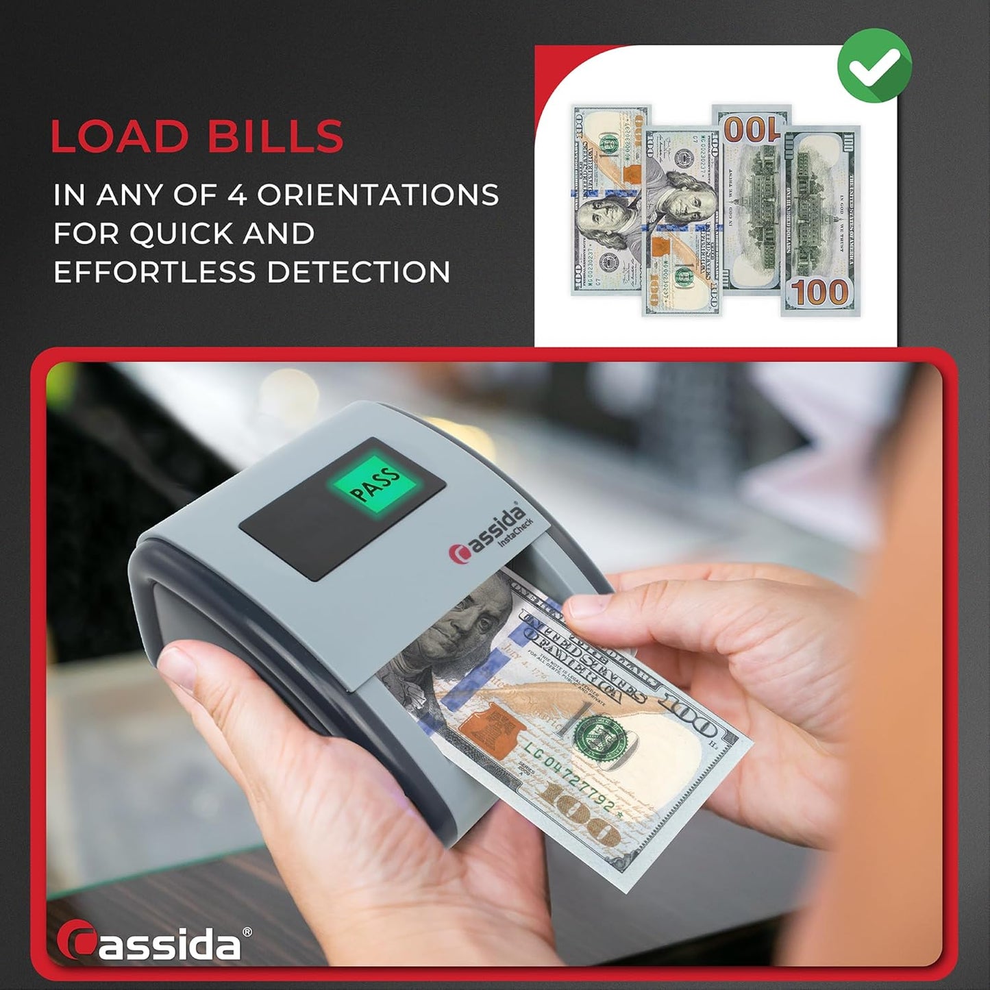 Detector automático de billetes falsos Cassida de tamaño compacto.