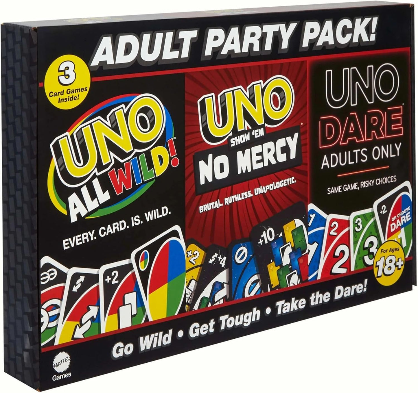 UNO All Wild, Show 'em No Mercy, Dare Adults Only Paquete de 3 cartas