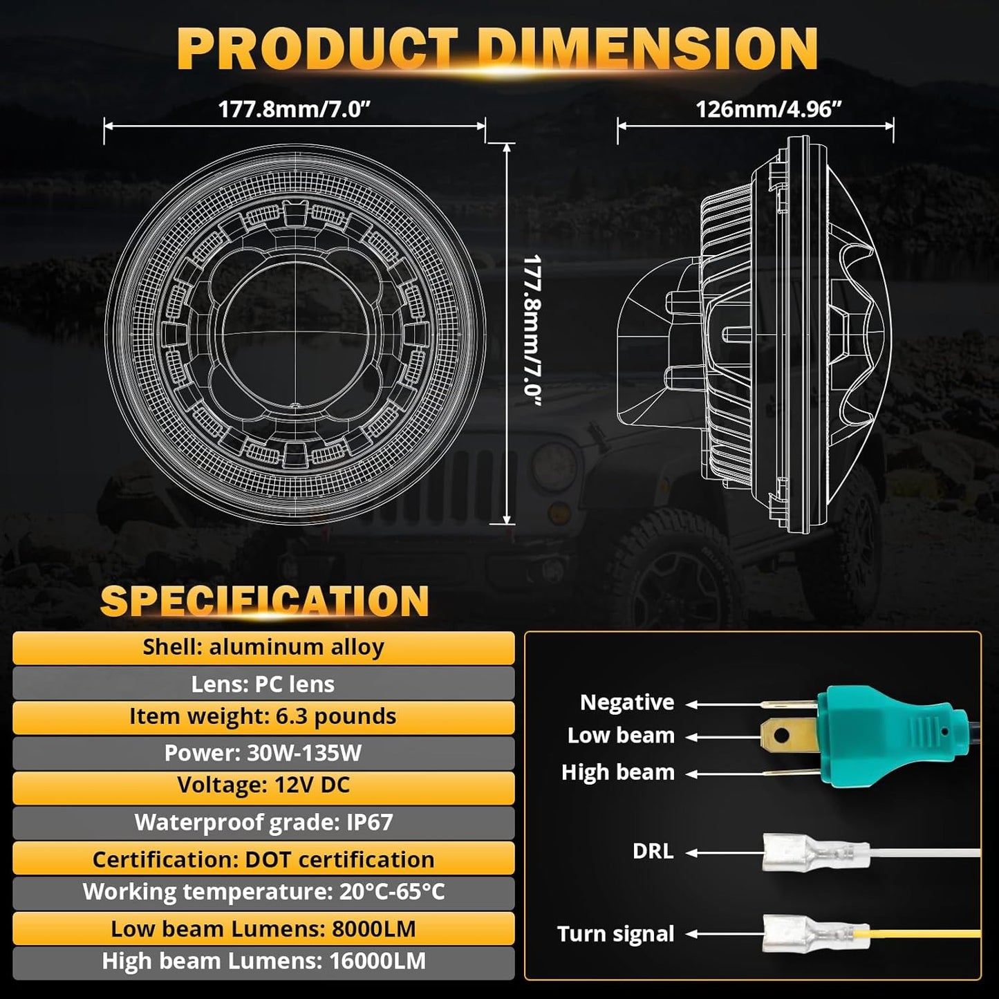 Auxbeam Faros LED de 7 pulgadas H6024 con señal de giro DRL.