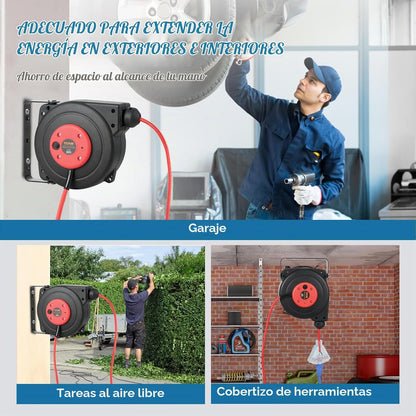Carrete de cable de extensión retráctil Vevor, 30 ft toma triple iluminada