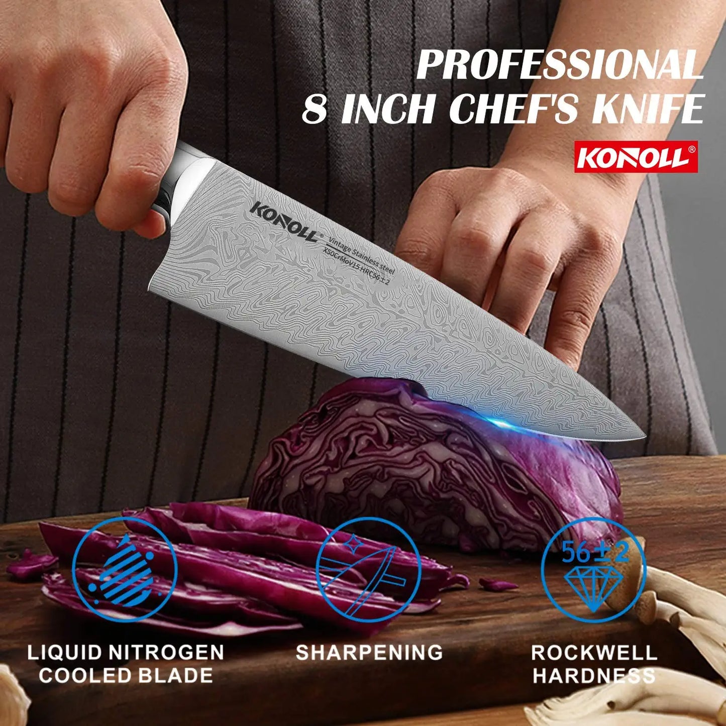 Cuchillo de chef profesional KONOLL de 8", acero aleman.