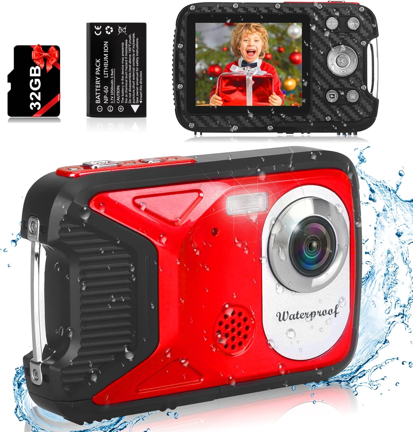 Cámara digital impermeable, HD, 1080P, portátil, tarjeta de 32 GB.