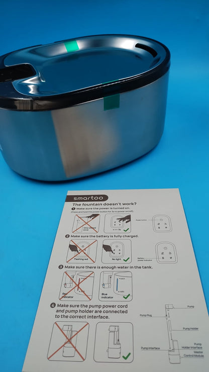 Fuente de agua Smartoo, inalámbrica para gatos de acero inoxidable.