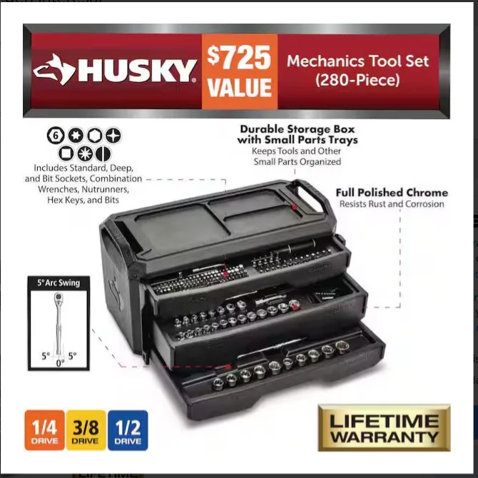 Juego De Herramienta Mecanica, Con estuche, Husky, 280 Pzs.