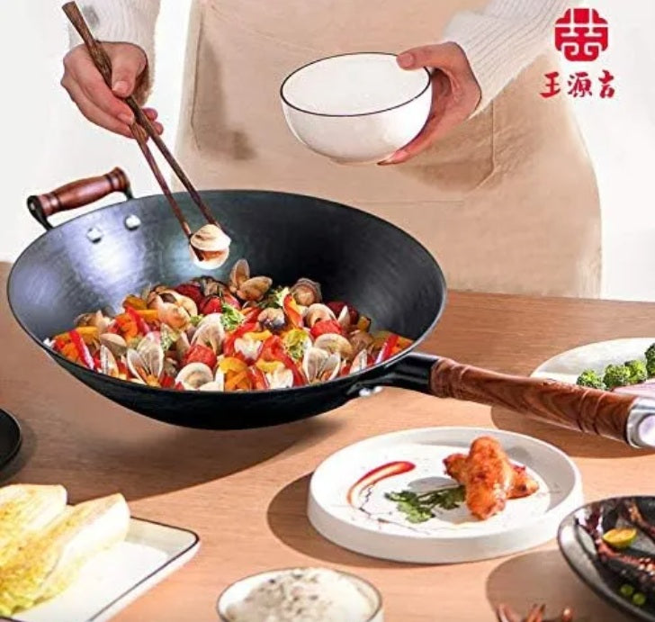 Sartén de hierro  grande con tapa y mango de madera, WANGYUANJI