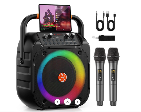 Máquina de karaoke Bluetooth JYX T26-T, Con 2 micrófonos inalámbricos.