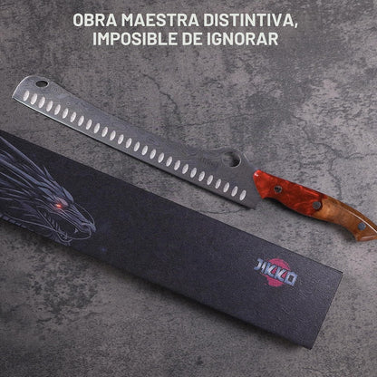 Cuchillo japonés Jikko de 12", para Brisket, mango de epoxi y madera (DETALLE)