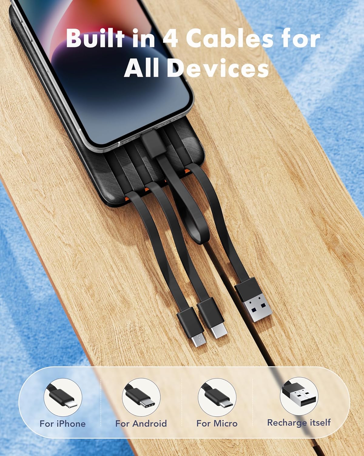 Charmast-Cargador portátil negro de 20000 mAh con 4 cables