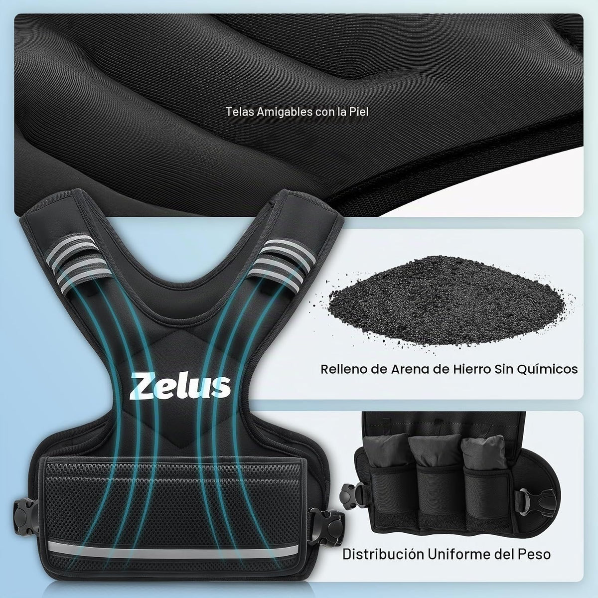 Chaleco con peso ZELUS negro ajustable con pesas de arena de hierro — vista 5