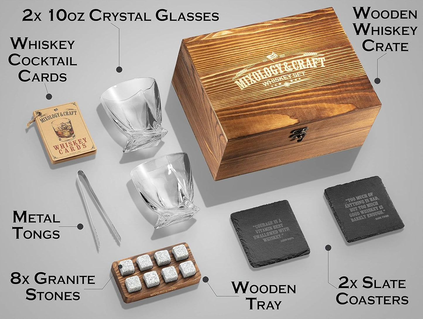 Juego de regalo de piedras y vasos de whisky y tarjetas de cóctel.