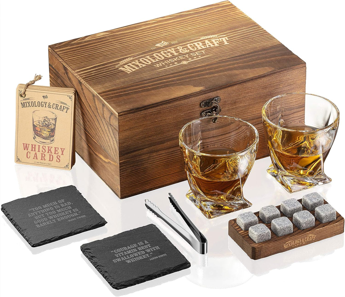 Juego de regalo de piedras y vasos de whisky y tarjetas de cóctel.