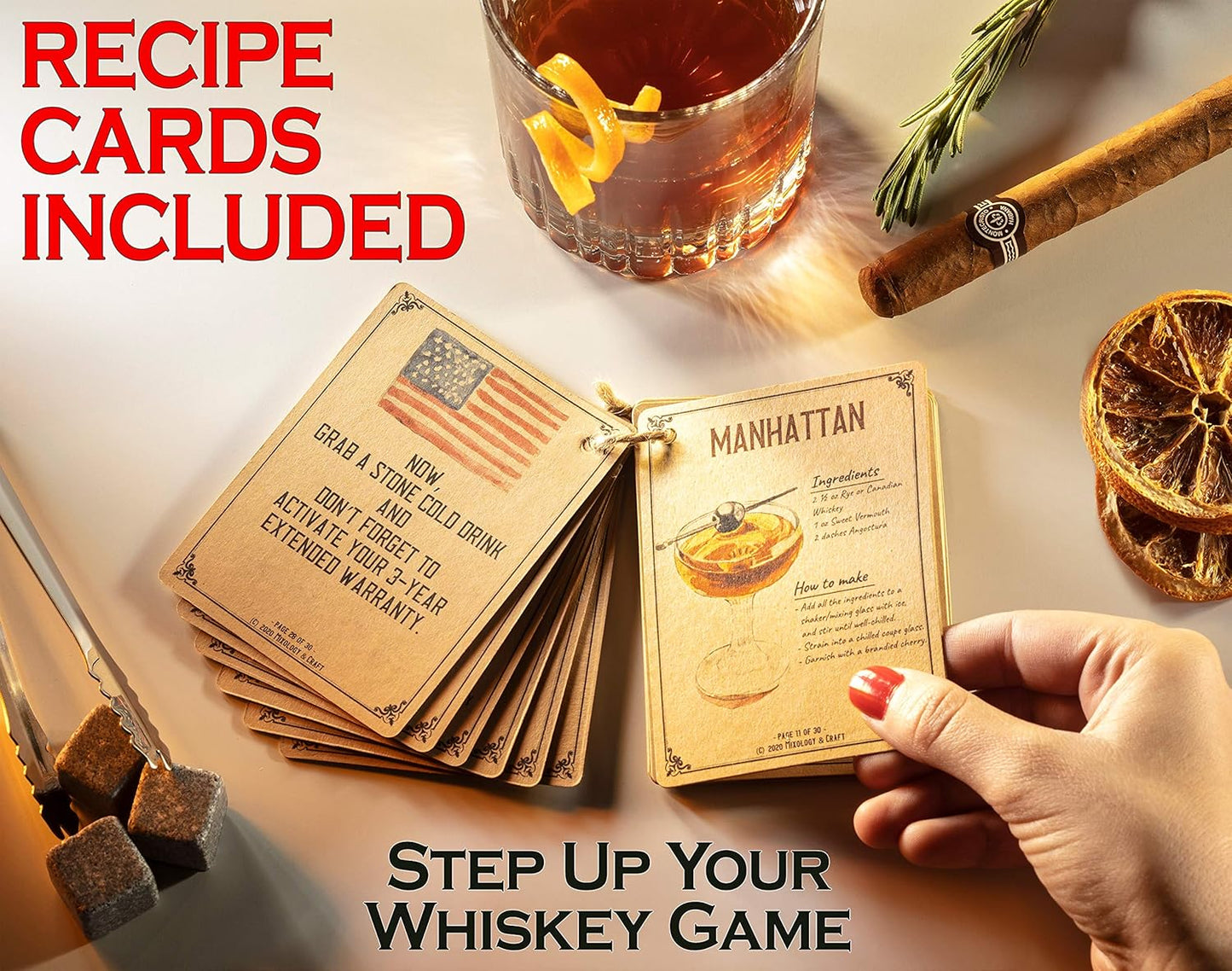 Juego de regalo de piedras y vasos de whisky y tarjetas de cóctel.