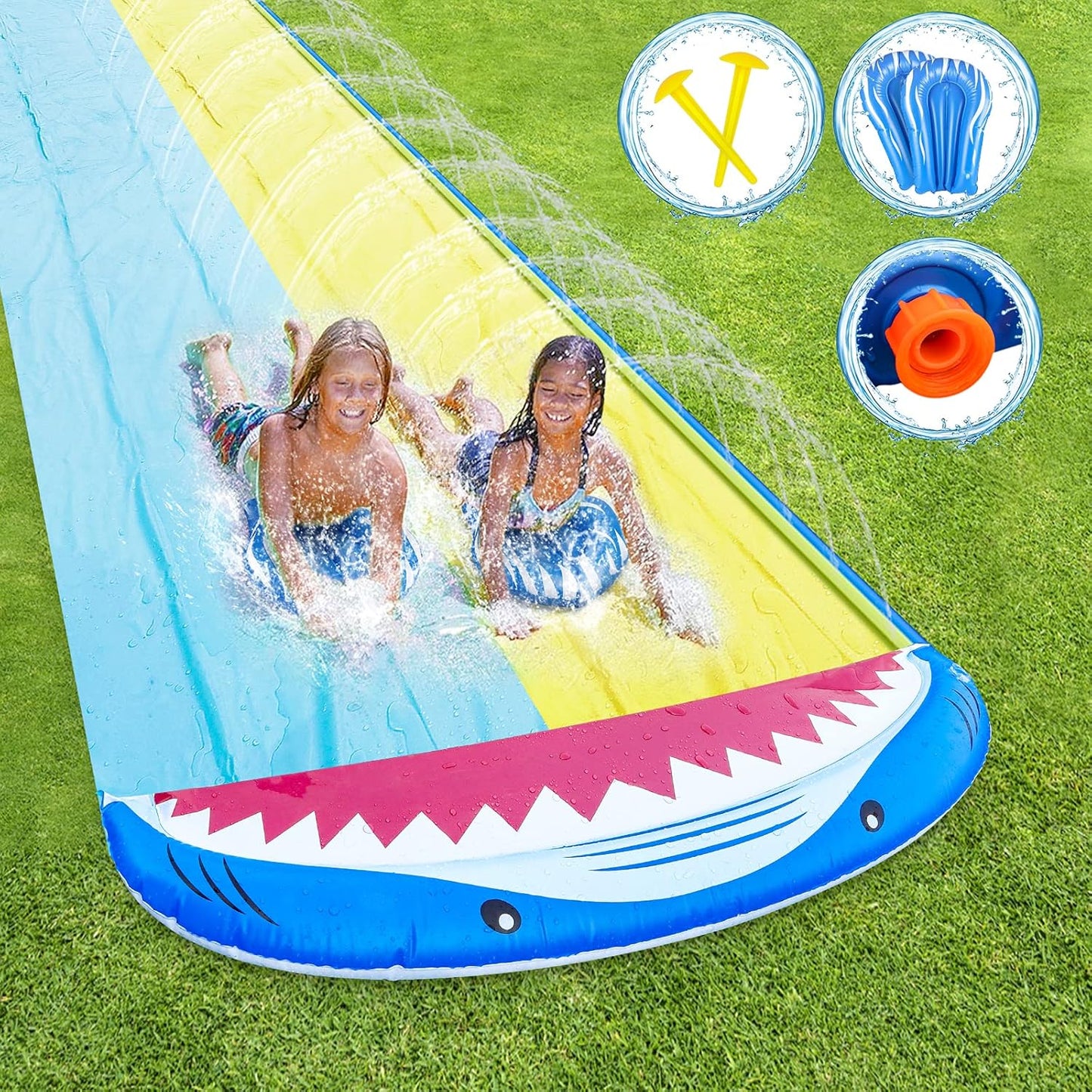 Tobogán acuático inflable de 16 ft con 2 carriles y tablas de cuerpo.