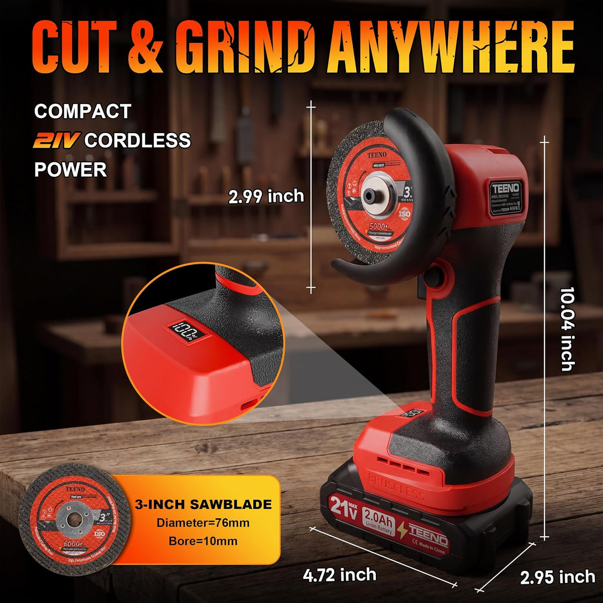 Amoladora angular inalámbrica TEENO roja de 21V con baterías y maletín — vista 2