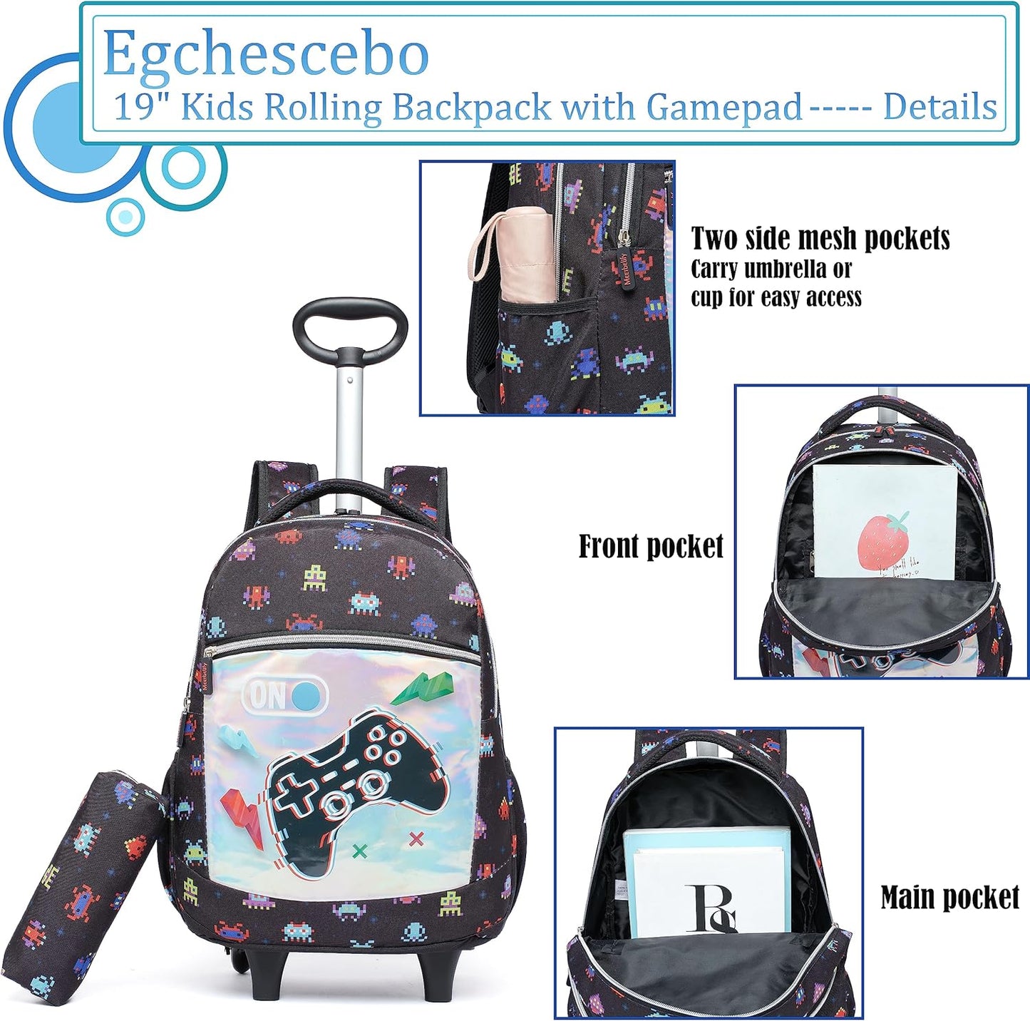 Mochila con ruedas para niños, maletas de 18 pulgadas, 3 piezas, equipaje de viaje.