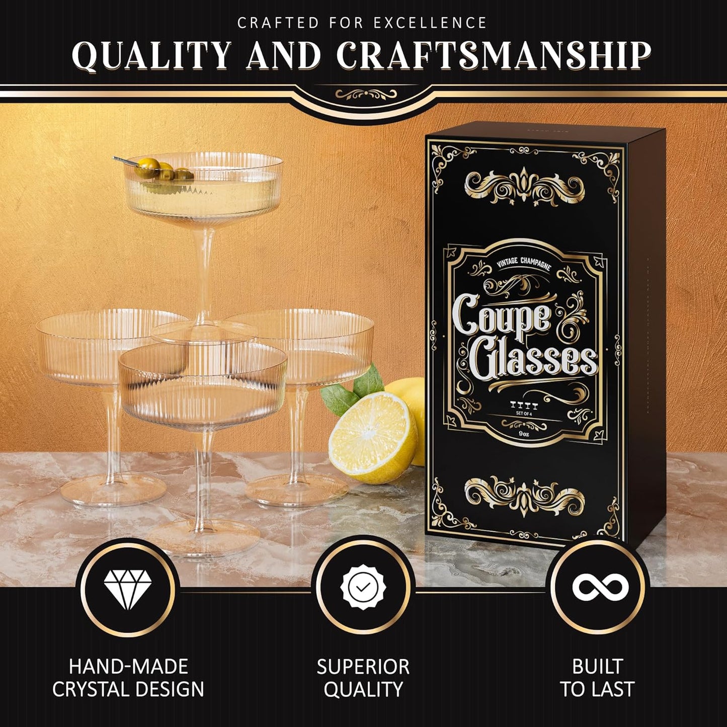 Juego de 4 copas de champán para café, cóctel vintage