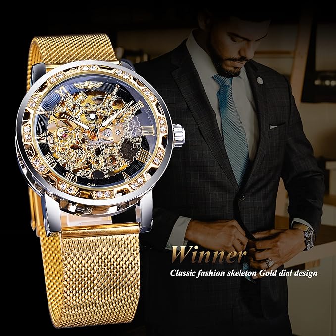 Reloj mecánico, diseño de esqueleto y talla de flores, Winner.