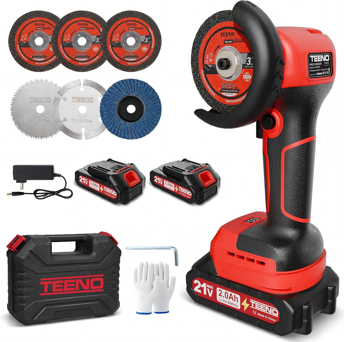 Amoladora angular inalámbrica TEENO roja de 21V con baterías y maletín