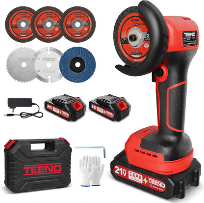 Amoladora angular inalámbrica TEENO roja de 21V con baterías y maletín