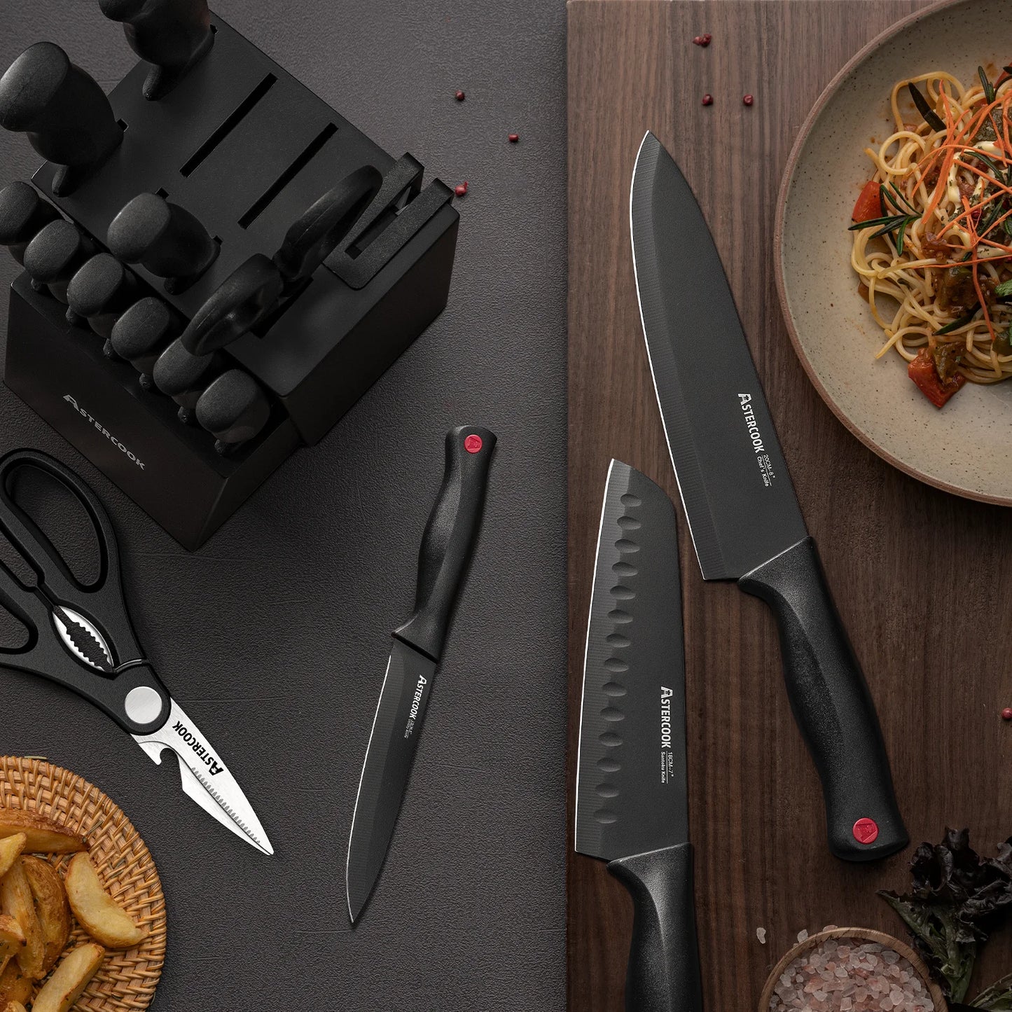 Juego de Cuchillos de Cocina de 14 Pzas con Afilador Incorporado. ASTERCOOK