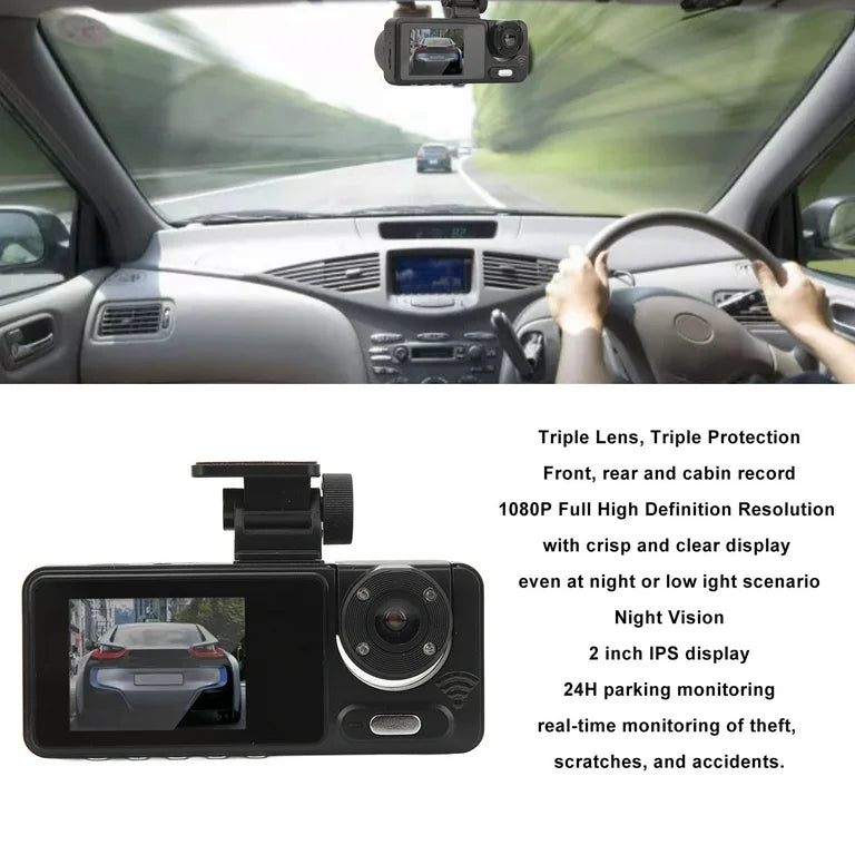 Dash Cam, Cámara de Tablero de Lente Triple de Visión.