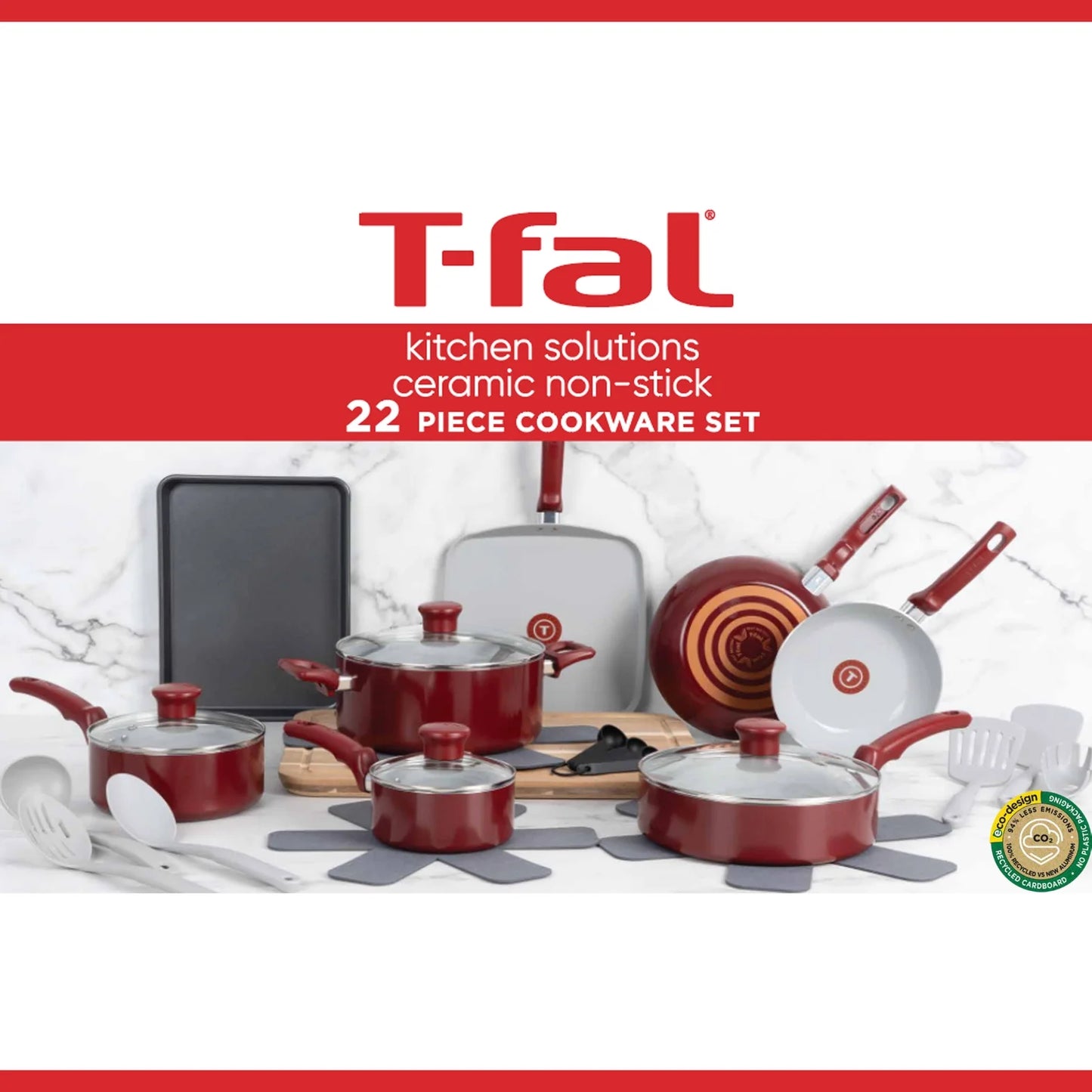 T-fal Kitchen Solutions Cerámica, Utensilios de Cocina de 22 Piezas, Rojo
