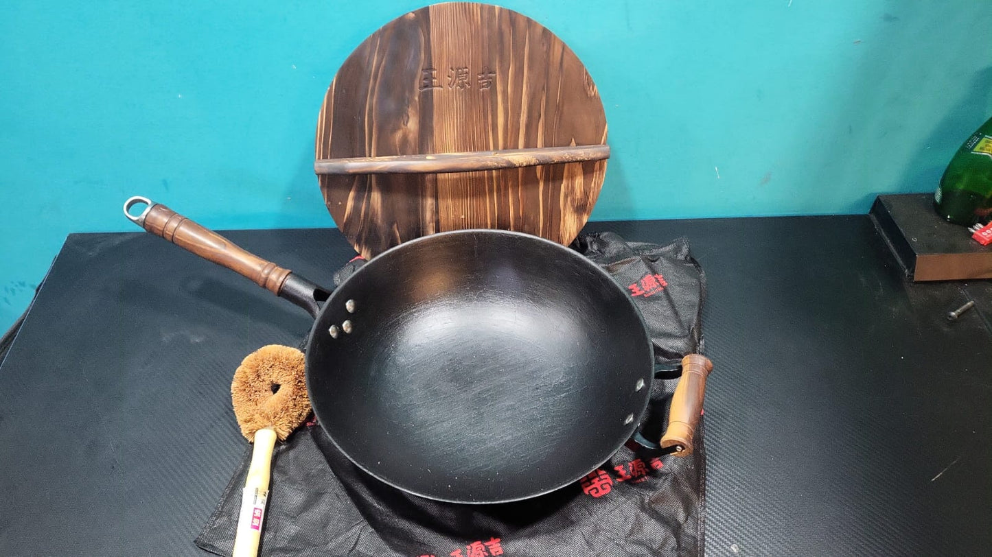 Sartén de hierro  grande con tapa y mango de madera, WANGYUANJI