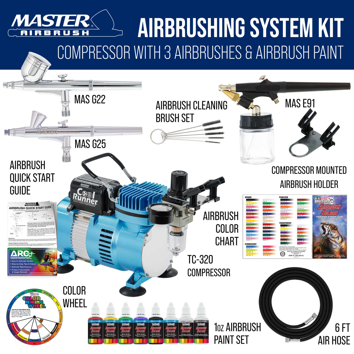 Kit de aerógrafo Master Airbrush con compresor, tres pistolas y set de pintura acrílica — vista 3