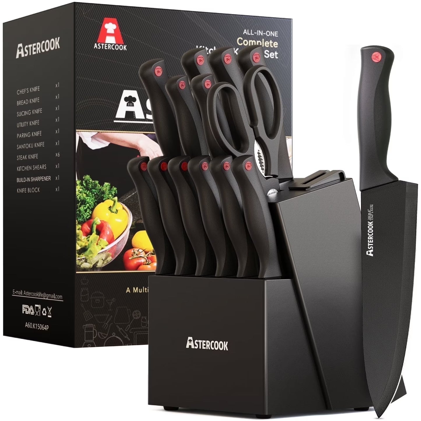 Juego de Cuchillos de Cocina de 14 Pzas con Afilador Incorporado. ASTERCOOK