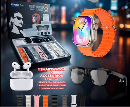 Reloj y lentes inteligentes D50 Ultra 3 con auriculares y 8 correas.