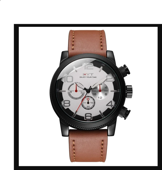Reloj EYT, caja negra, esfera blanca, correa marrón.