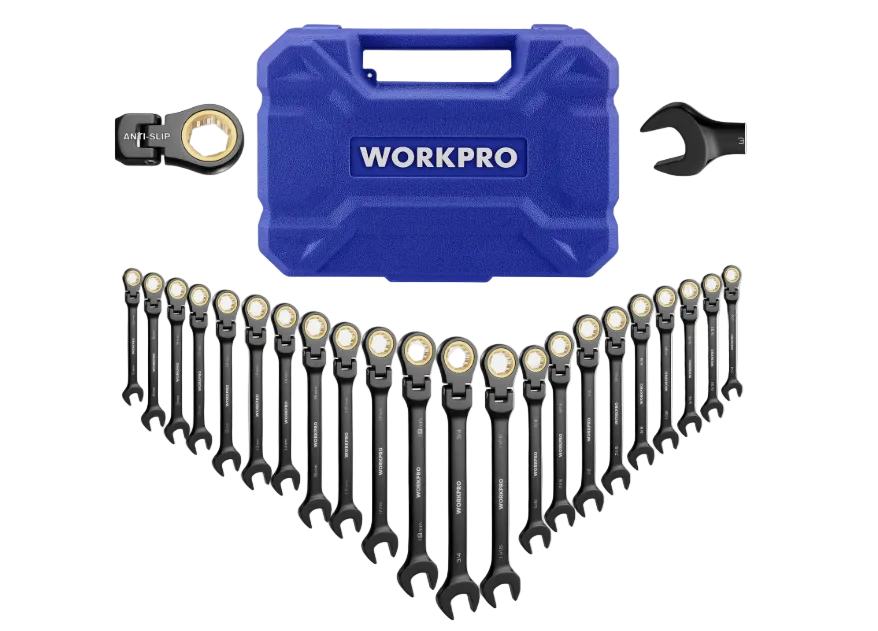 Juego de llaves de trinquete Workpro de 22 piezas, cabezal flexible de 180°.