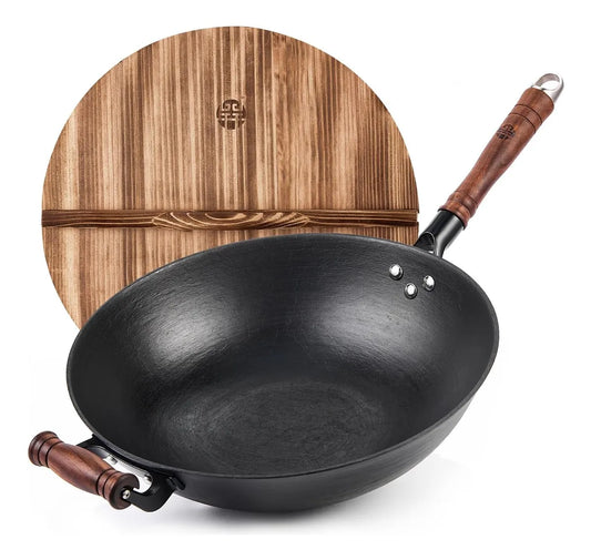 Sartén de hierro  grande con tapa y mango de madera, WANGYUANJI
