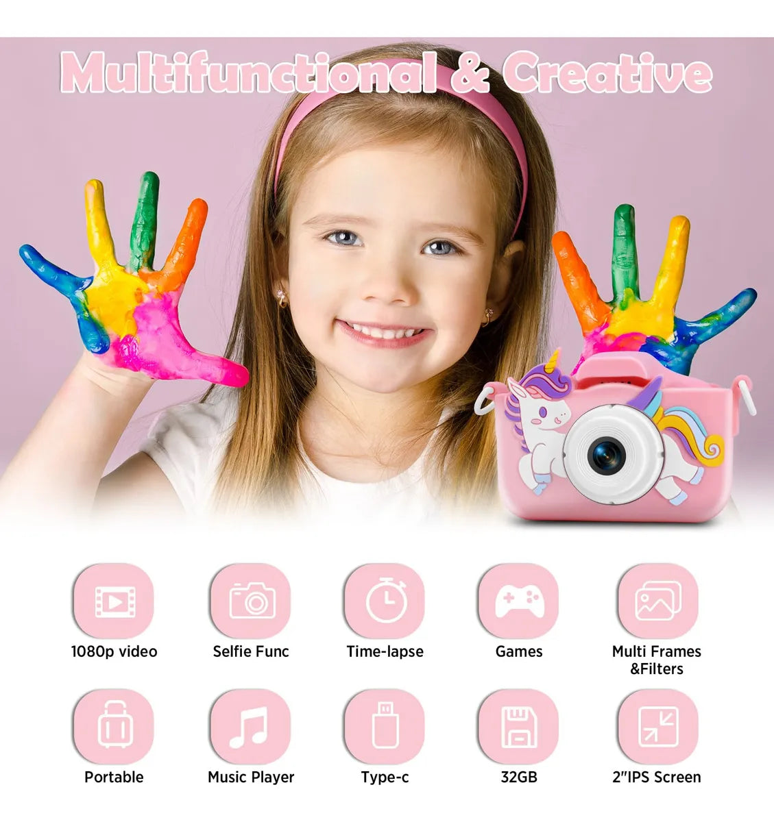 Cámara digital unicornio rosa para niños