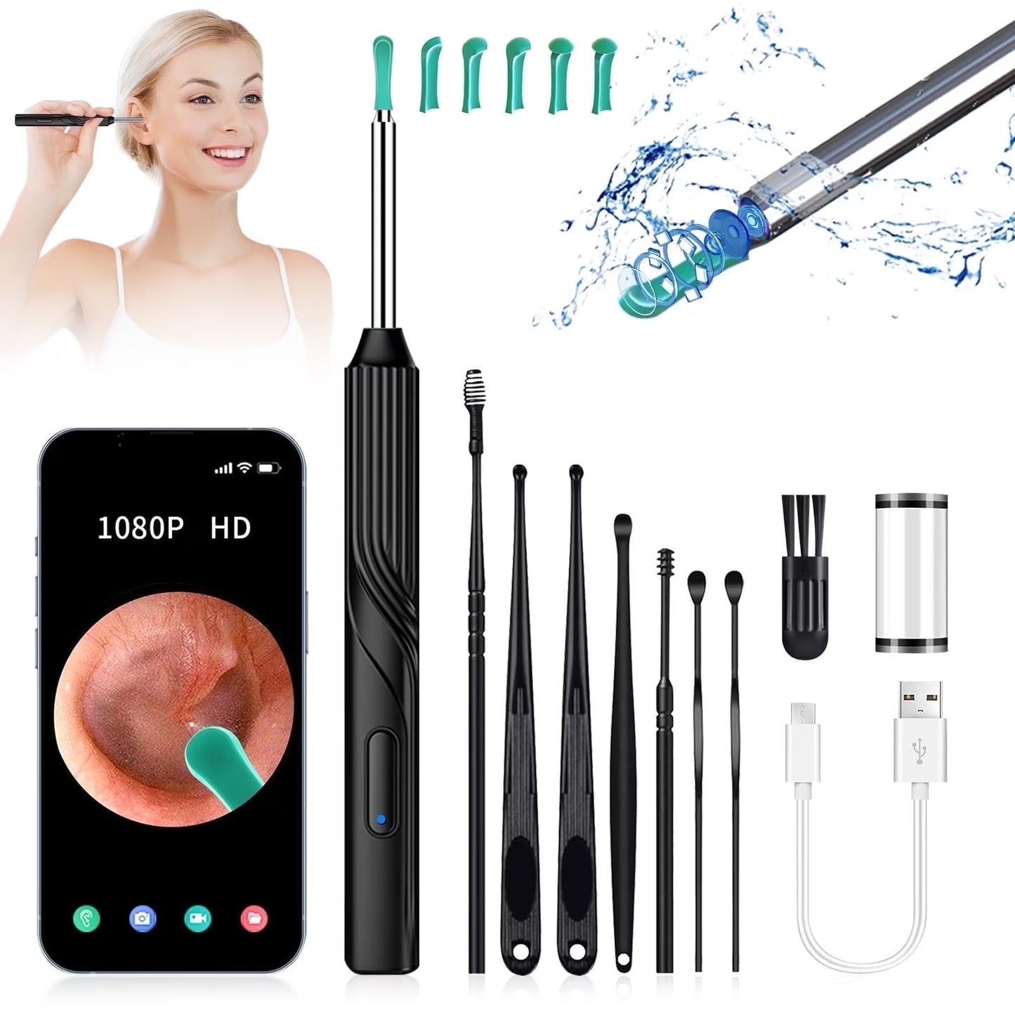Kit de eliminación de cerumen con cámara, WiFi, 7pcs limpieza.
