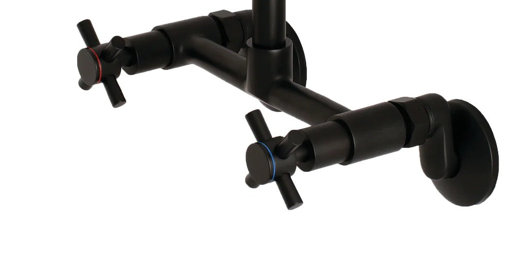 Grifo de cocina de puente de dos manijas y dos orificios para montaje en pared