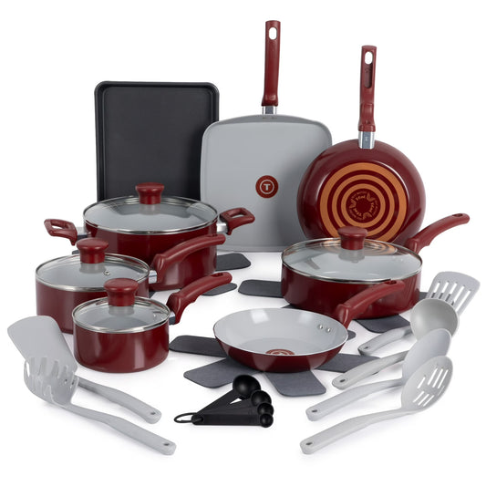 T-fal Kitchen Solutions Cerámica, Utensilios de Cocina de 22 Piezas, Rojo