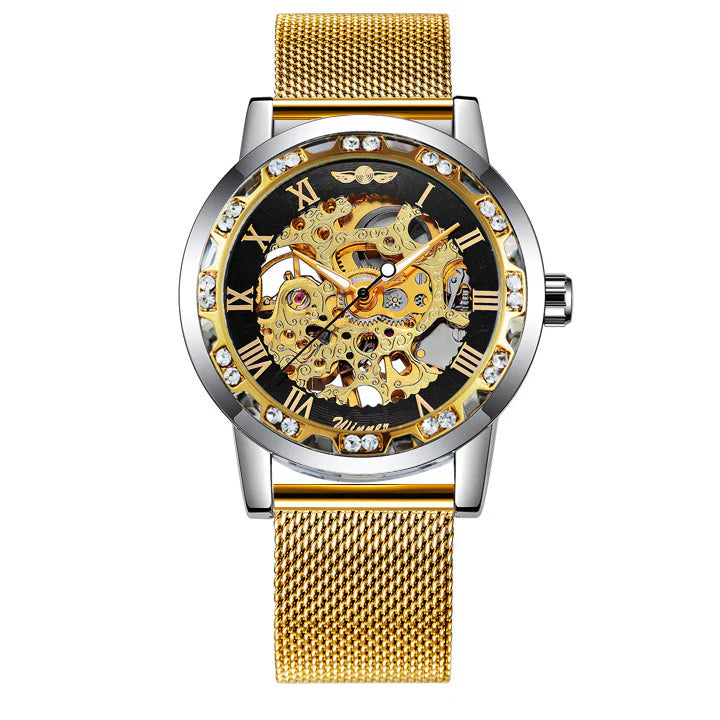 Reloj mecánico, diseño de esqueleto y talla de flores, Winner.