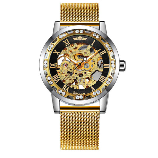 Reloj mecánico, diseño de esqueleto y talla de flores, Winner.