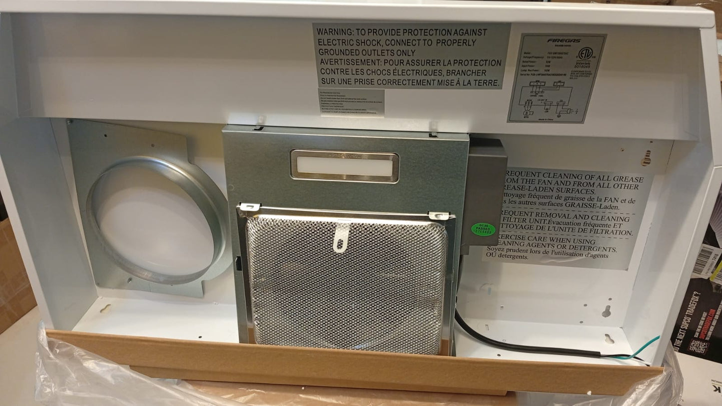 Campana extractora de 30", ventilador de escape de 2 velocidades.