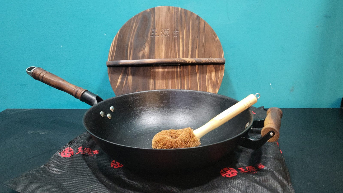 Sartén de hierro  grande con tapa y mango de madera, WANGYUANJI